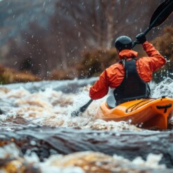 A kayaker's body and paddle in motion on a rapid river, with the surrounding landscape