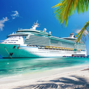 A large cruise ship docked near popular vacation resort. The scene is serene and relaxing, with the ship providing a sense of adventure