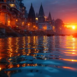 A stunning sunrise over the Ganges River in Varanasi, India, with boats and temples silhouetted against the vibrant sky.