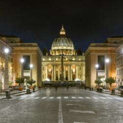 Saint Peter's Basilica at night in the Vatican City in Rome, Italy
